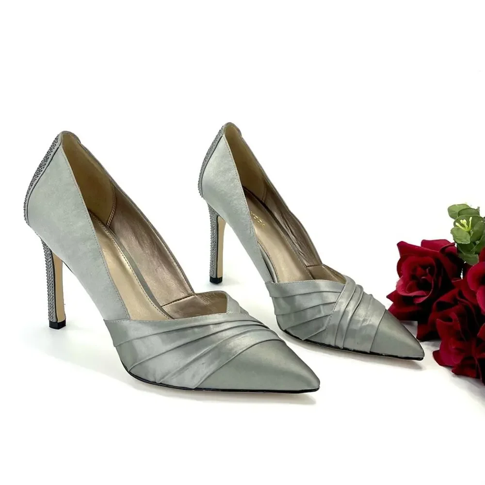 Pelle Moda Stiletto Pump Silver/Gray Satin Sparkly Rhinestone Along The Heel New